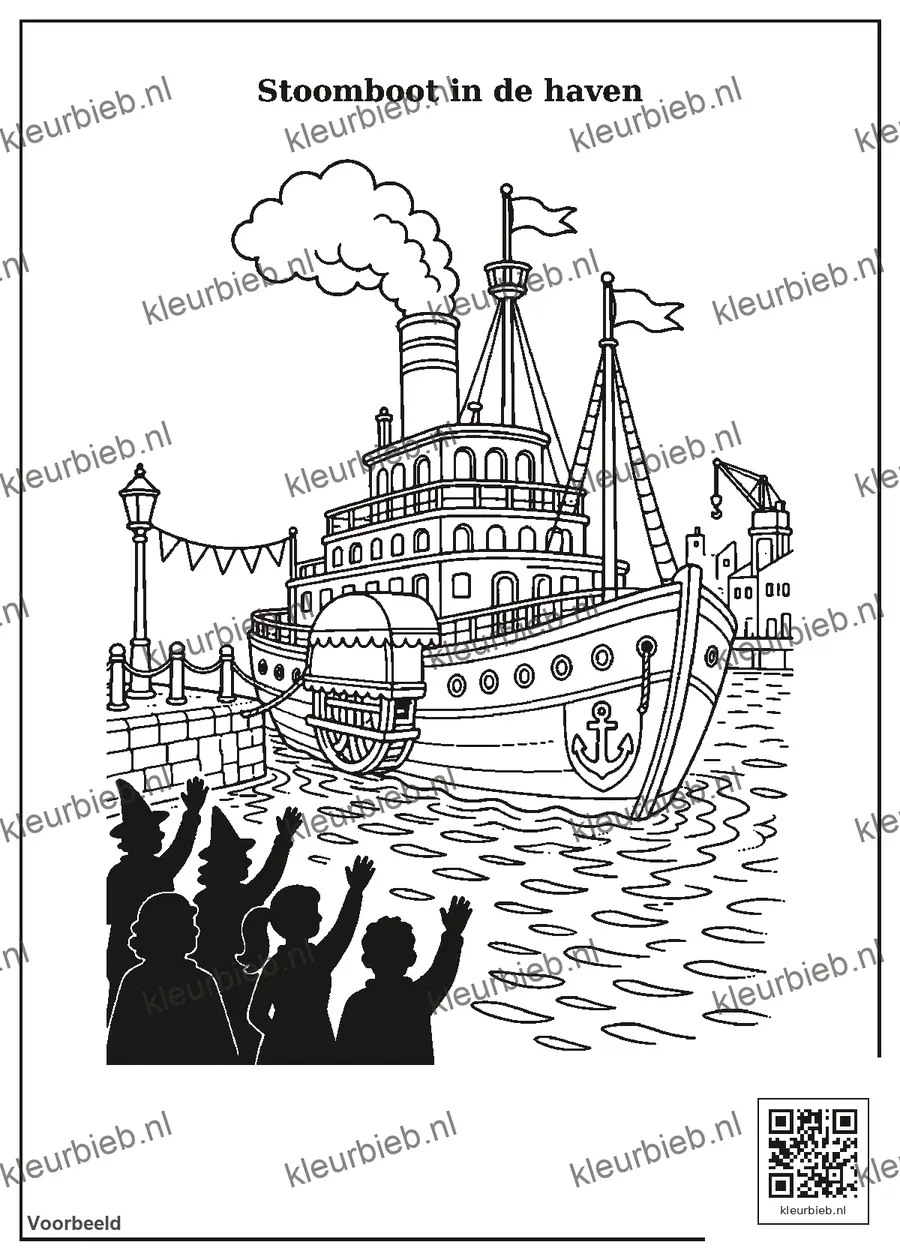 Kleurplaat: Stoomboot in de haven