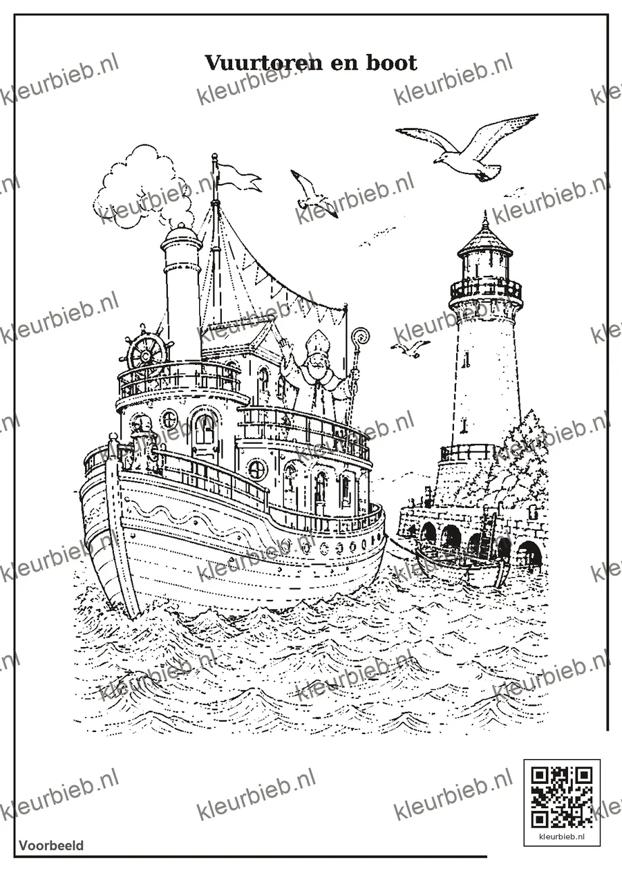 Kleurplaat: Vuurtoren en boot